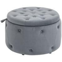Ein grauer Sitzhocker mit Stauraum in runder Form und Samtoptik.