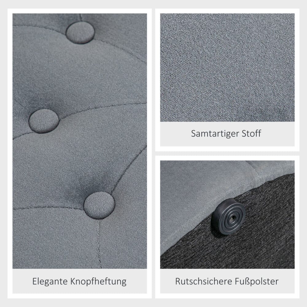 Ein grauer Sitzhocker mit Stauraum in runder Form und Samtoptik.