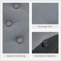 Ein grauer Sitzhocker mit Stauraum in runder Form und Samtoptik.