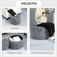 Ein grauer Sitzhocker mit Stauraum in runder Form und Samtoptik.