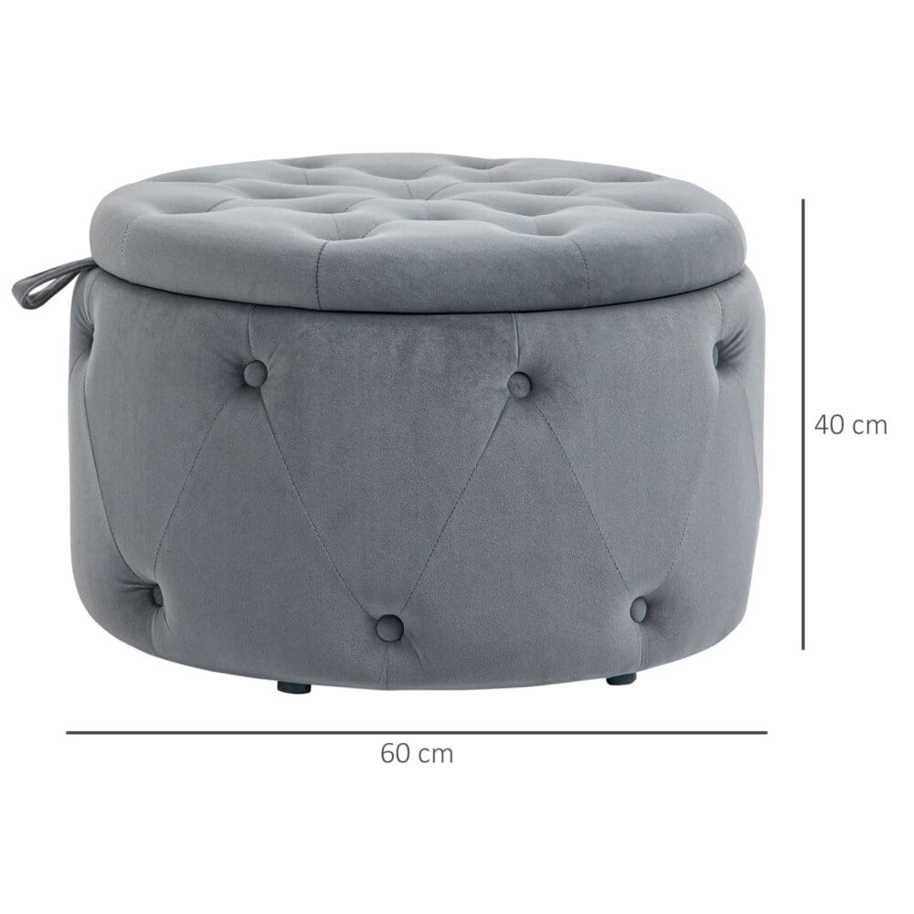 Ein grauer Sitzhocker mit Stauraum in runder Form und Samtoptik.