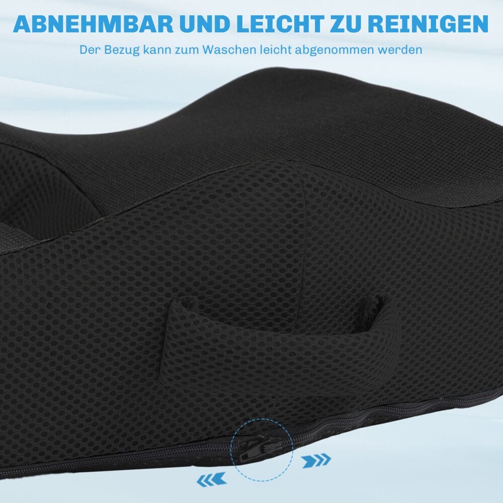 Schwarzes ergonomisches orthopädisches Sitzkissen aus Memory-Schaum, unterstützt eine gesunde Sitzhaltung und entlastet den Rücken.