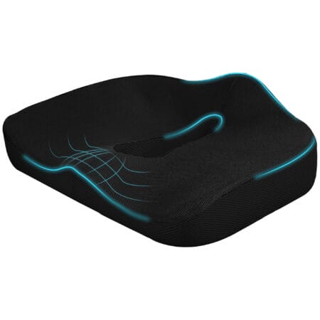 Schwarzes ergonomisches orthopädisches Sitzkissen aus Memory-Schaum, unterstützt eine gesunde Sitzhaltung und entlastet den Rücken.