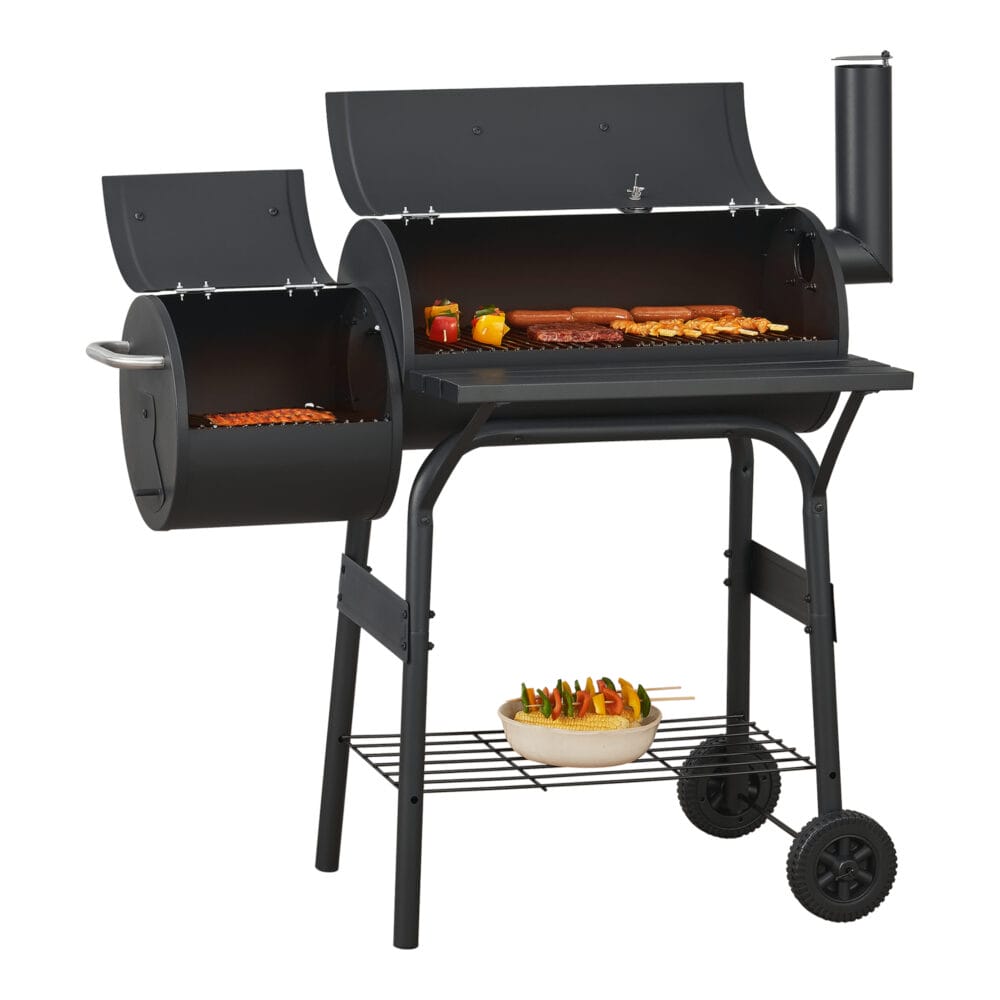 Smoker-BBQ-Wagen Fort Worth in Schwarz, Maße 115x110x64cm, kombiniert Grillen und Räuchern für kulinarischen Genuss.