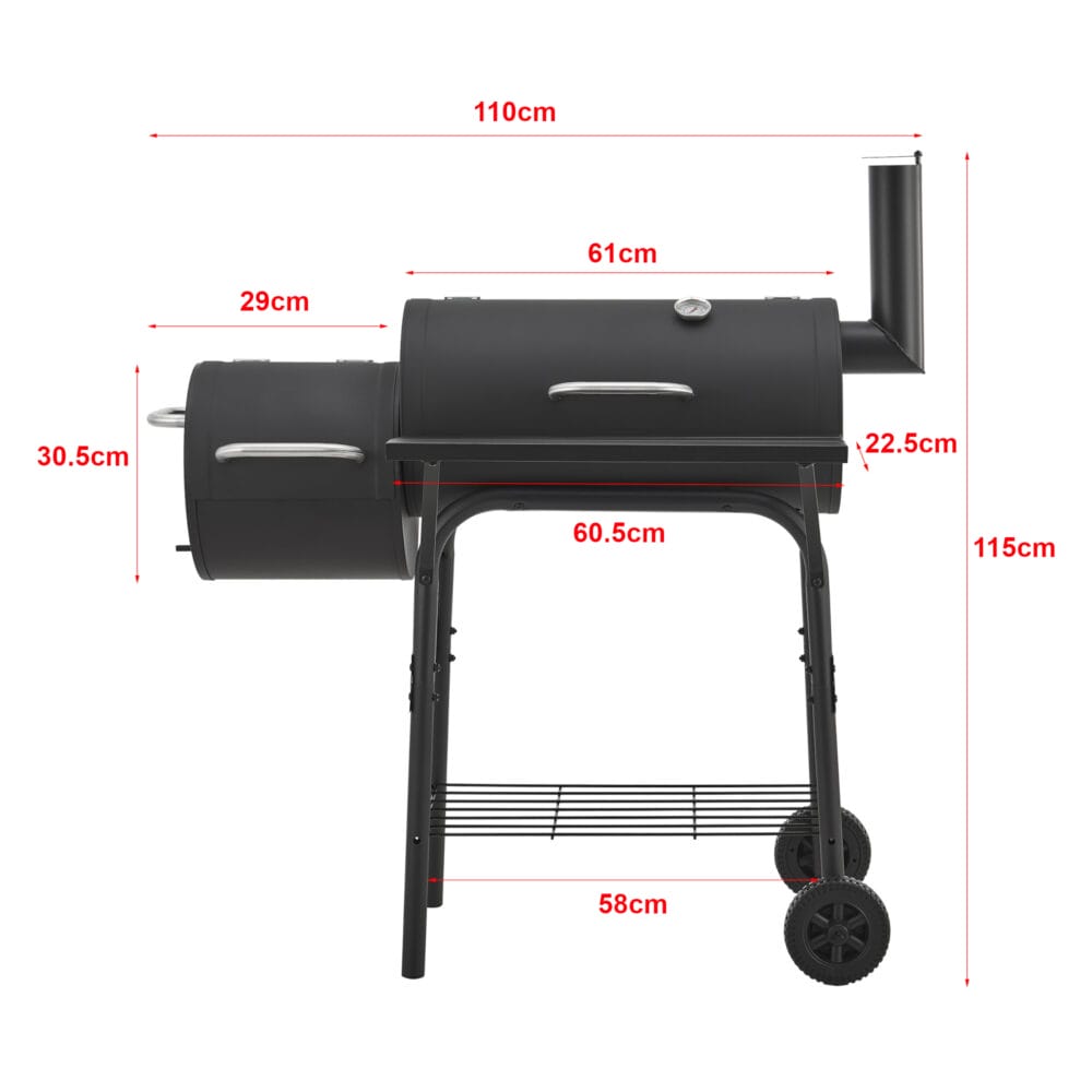 Smoker-BBQ-Wagen Fort Worth in Schwarz, Maße 115x110x64cm, kombiniert Grillen und Räuchern für kulinarischen Genuss.