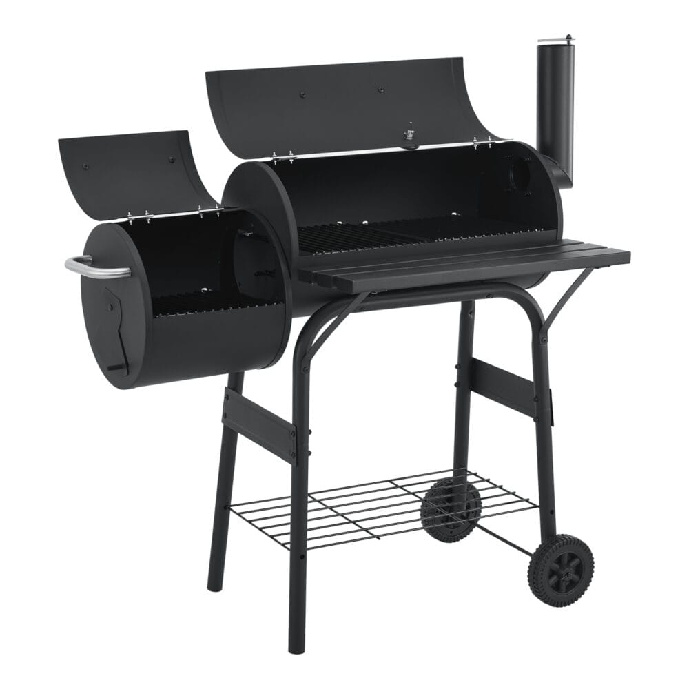 Smoker-BBQ-Wagen Fort Worth in Schwarz, Maße 115x110x64cm, kombiniert Grillen und Räuchern für kulinarischen Genuss.