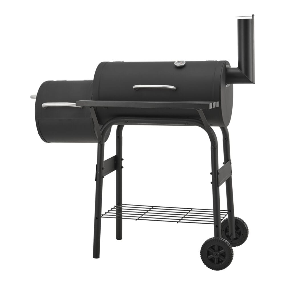 Smoker-BBQ-Wagen Fort Worth in Schwarz, Maße 115x110x64cm, kombiniert Grillen und Räuchern für kulinarischen Genuss.