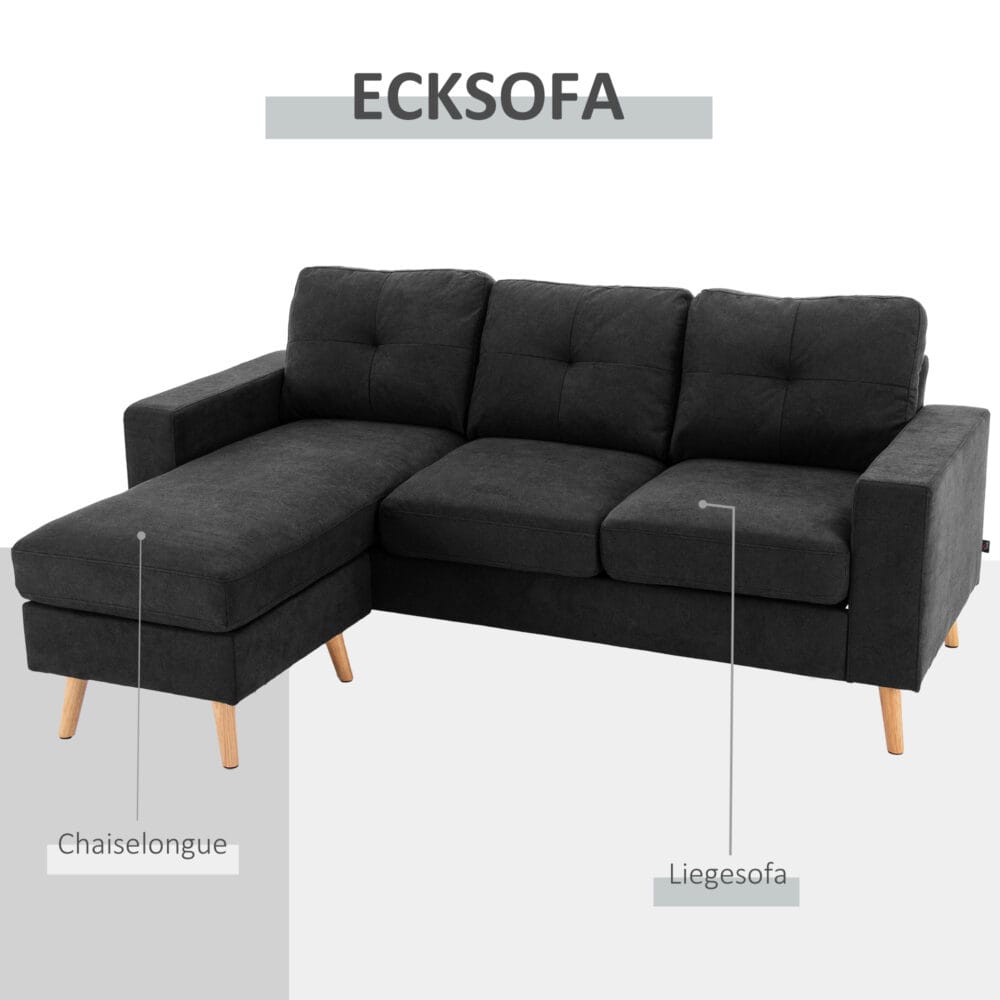 Sofa Ecksofa L-Form Chaiselongue 193x136x85cm Schwarz - Grosszügiges Ecksofa mit Chaiselongue, in Schwarz.