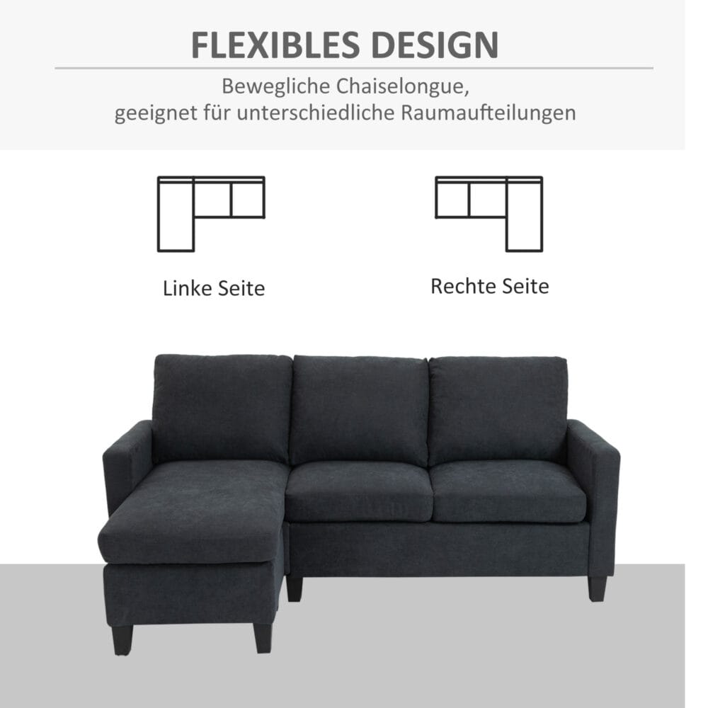 Sofa Ecksofa L-Form Chaiselongue 197x139x91cm Dunkelgrau - Grosses Ecksofa in L-Form, Dunkelgrau.