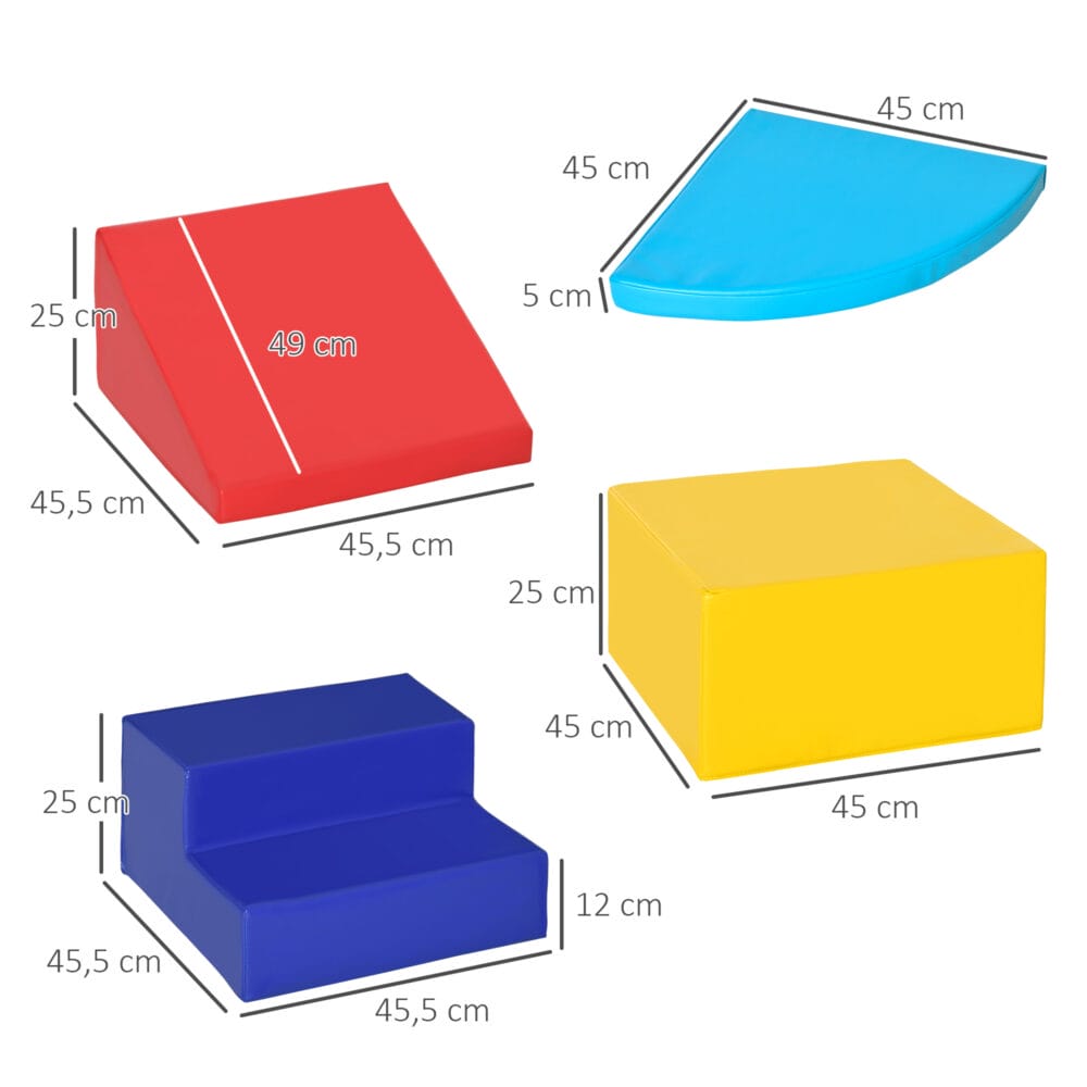 4-teiliges Set Softbausteine, ideal für Kinder von 12-36 Monaten. Weiche und sichere Bausteine für die motorische Entwicklung.