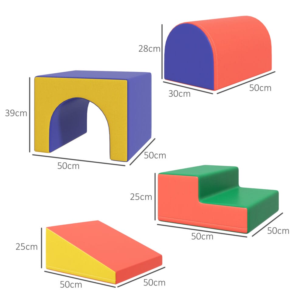 4er-Set Softbausteine aus Kunstleder und EPE, ideal für Kinder von 1-3 Jahren. Weiche und strapazierfähige Bausteine für erste Konstruktionen.