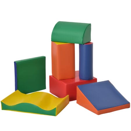 Bunte 7-teilige Softbausteine, ideal für das Kinderzimmer. Fördern die Kreativität und Motorik beim Bauen.