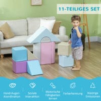 Bunte 11-teilige Softbausteine aus Kunstleder, ideal für Kinder von 1-3 Jahren. Weich und sicher zum Spielen und Bauen.