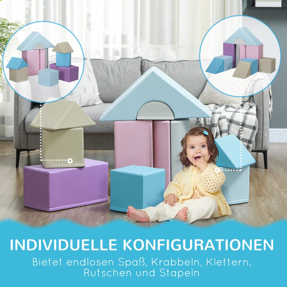 Bunte 11-teilige Softbausteine aus Kunstleder, ideal für Kinder von 1-3 Jahren. Weich und sicher zum Spielen und Bauen.