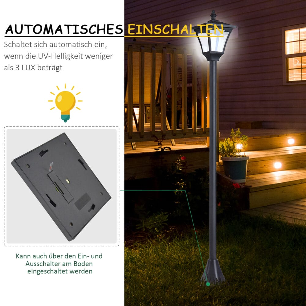 Solar-Gartenlaterne mit LED, 15x15x120 cm, für Außenbereiche in Schwarz.