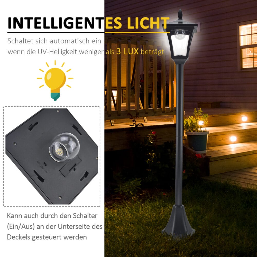 Solar-Gartenlaterne mit LED, 18x18x160 cm, stilvoll und funktional in Schwarz.