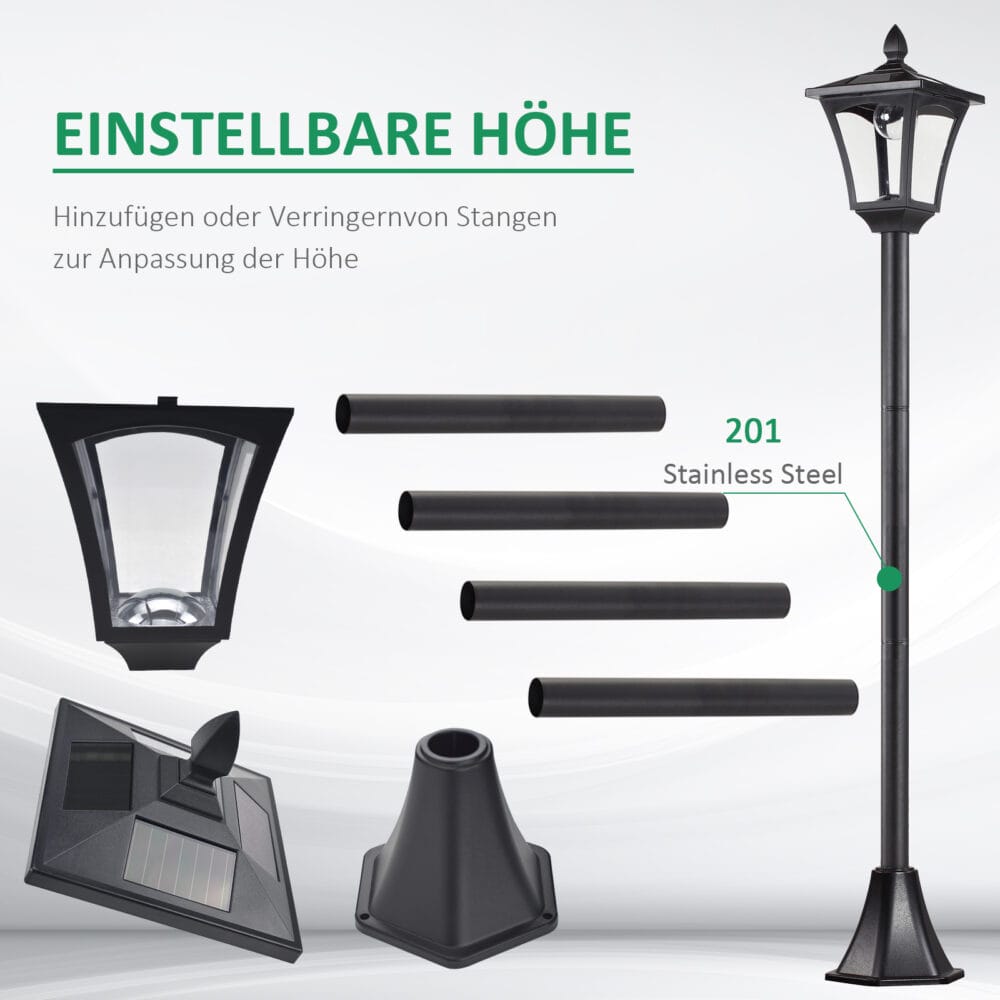 Solar-Gartenlaterne mit LED, 18x18x160 cm, stilvoll und funktional in Schwarz.