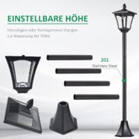 Solar-Gartenlaterne mit LED, 18x18x160 cm, stilvoll und funktional in Schwarz.