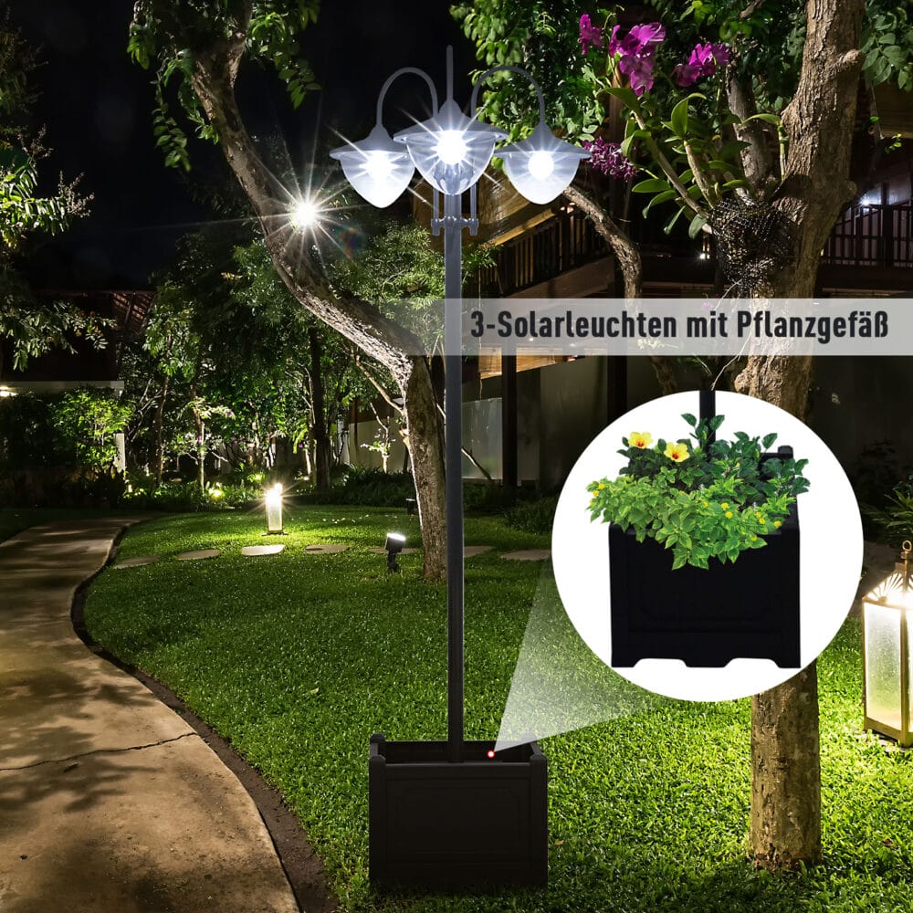 Solarleuchte mit drei Köpfen und integriertem Blumentopf aus Edelstahl, 60x55x189 cm.