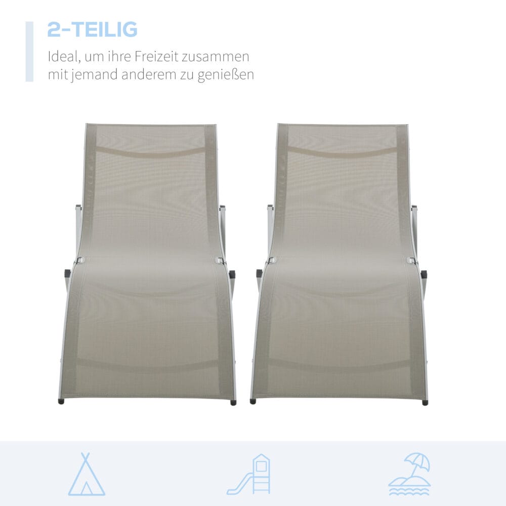 Zweier-Set hellgraue, ergonomische Sonnenliegen aus Aluminium.