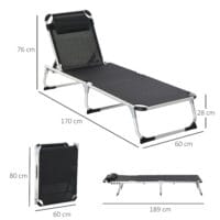 Schwarze, ergonomische Sonnenliege mit 5-facher Verstellung.