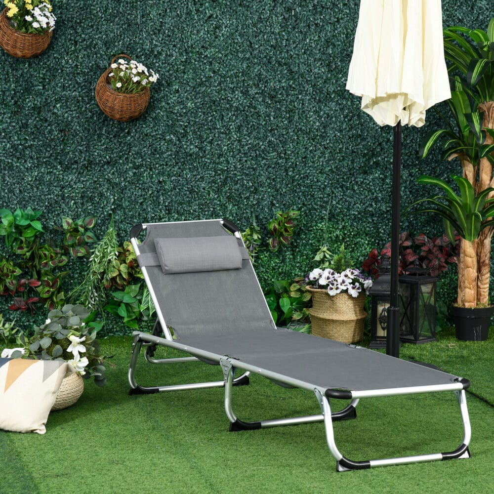 Graue Relaxliege aus Aluminium mit 5-facher Verstellung.