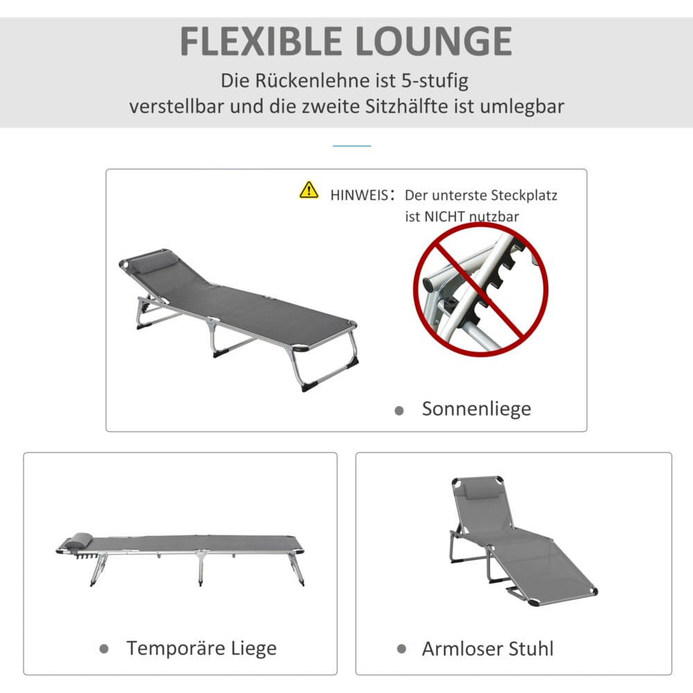 Graue Relaxliege aus Aluminium mit 5-facher Verstellung.