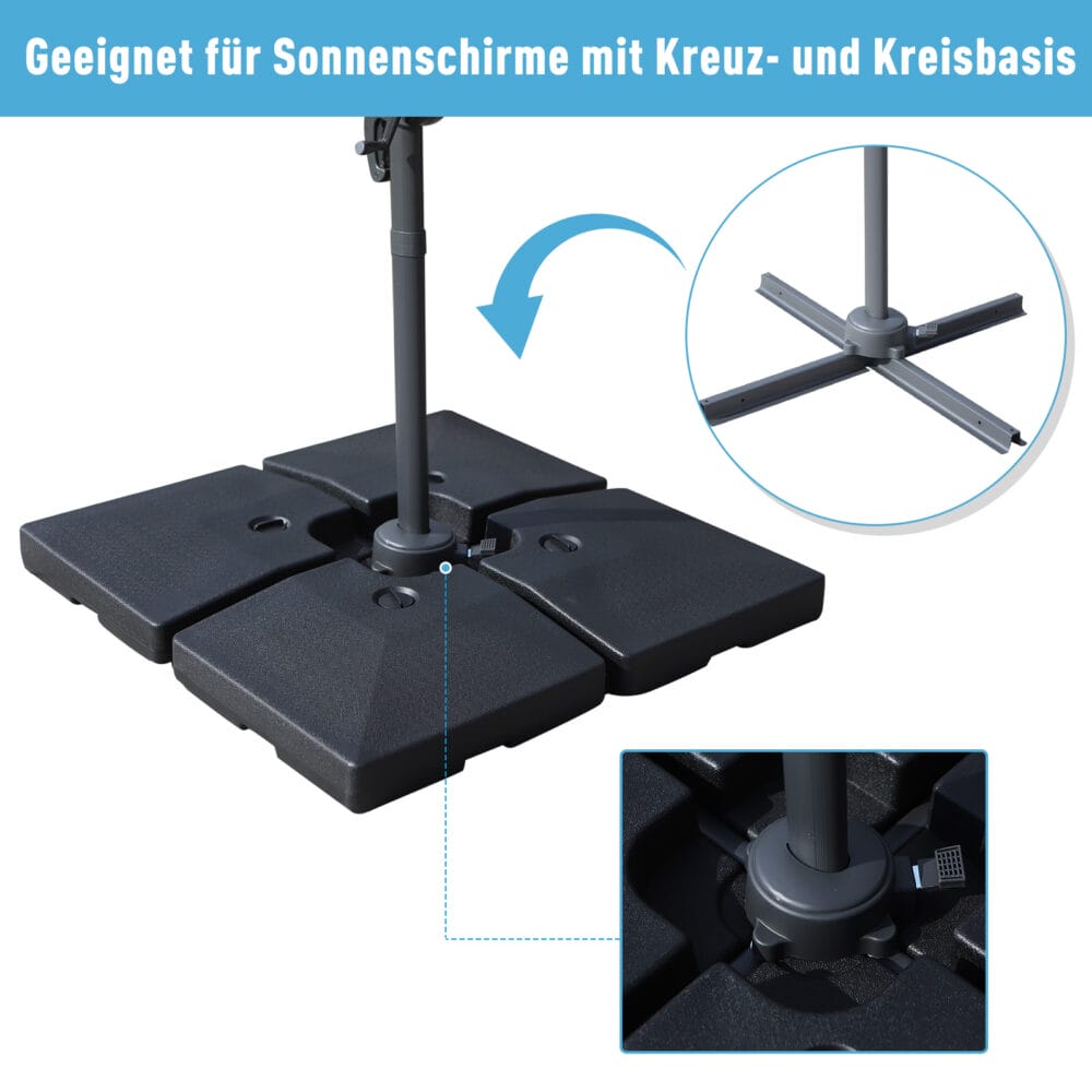 Schwarzes 4er-Set befüllbare Sonnenschirmgewichte.