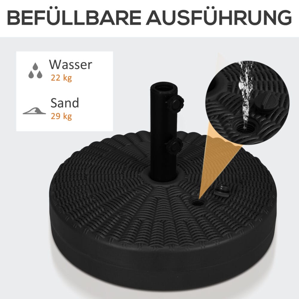 Schwarzer Sonnenschirmständer in Rattanoptik aus HDPE, 29kg.