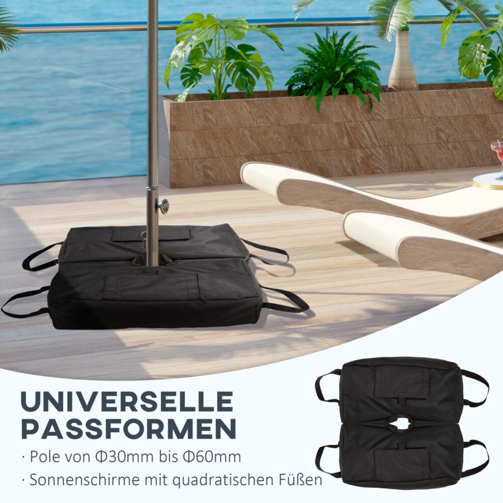 Sonnenschirmständer bis 50kg mit praktischer Schaufel in Schwarz.