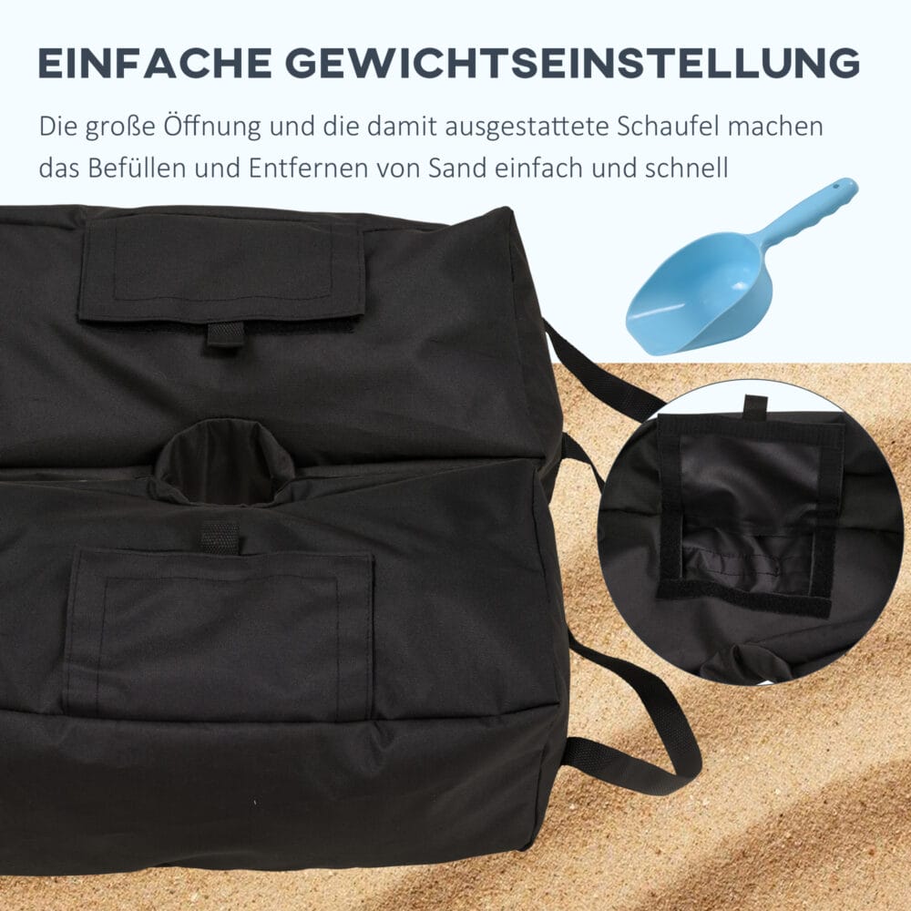 Sonnenschirmständer bis 50kg mit praktischer Schaufel in Schwarz.