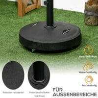 Schwarzer Sonnenschirmständer aus Kunstharz, 23,5kg, mit Rollen.
