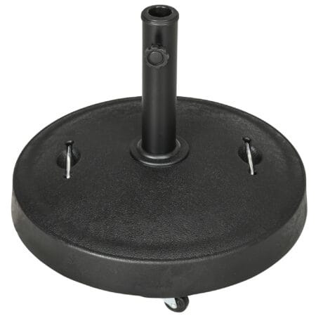 Schwarzer Sonnenschirmständer aus Kunstharz, 23,5kg, mit Rollen.