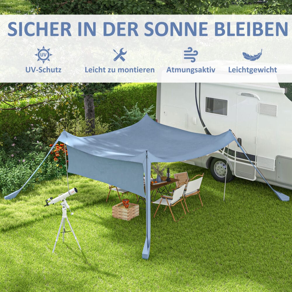 Blaues, wasserdichtes Sonnensegel mit Tragetasche und Stahlstangen.