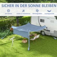 Blaues, wasserdichtes Sonnensegel mit Tragetasche und Stahlstangen.
