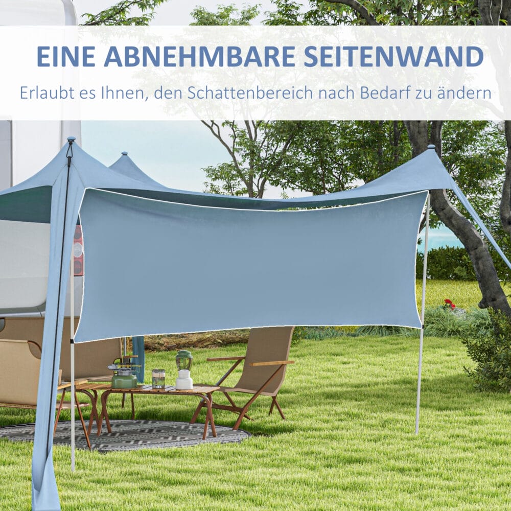Blaues, wasserdichtes Sonnensegel mit Tragetasche und Stahlstangen.