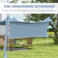 Blaues, wasserdichtes Sonnensegel mit Tragetasche und Stahlstangen.