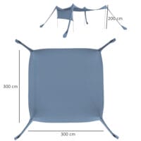 Blaues, wasserdichtes Sonnensegel mit Tragetasche und Stahlstangen.