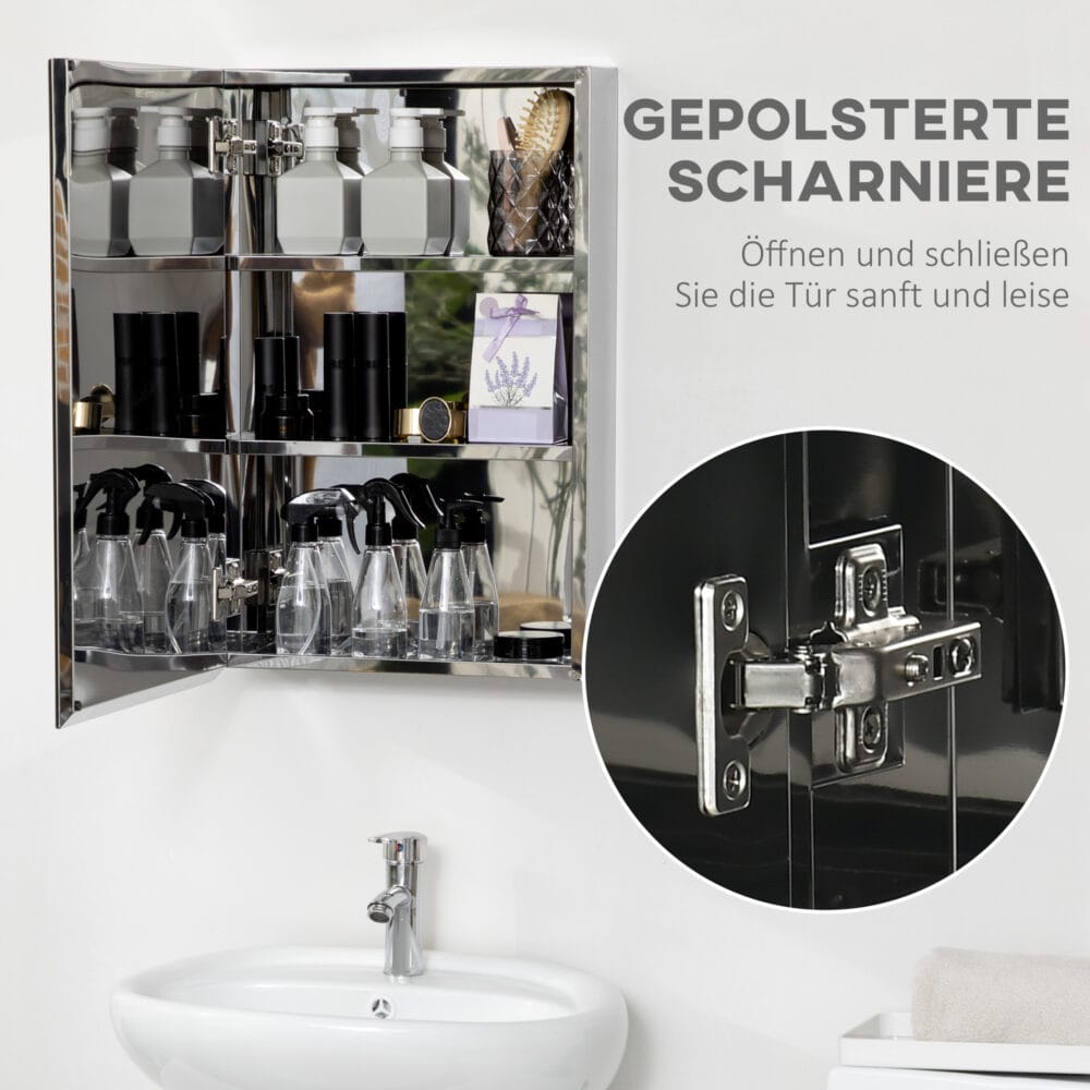 Silberner Spiegelschrank für das Bad 39x12x60cm aus Edelstahl mit 3 Ebenen