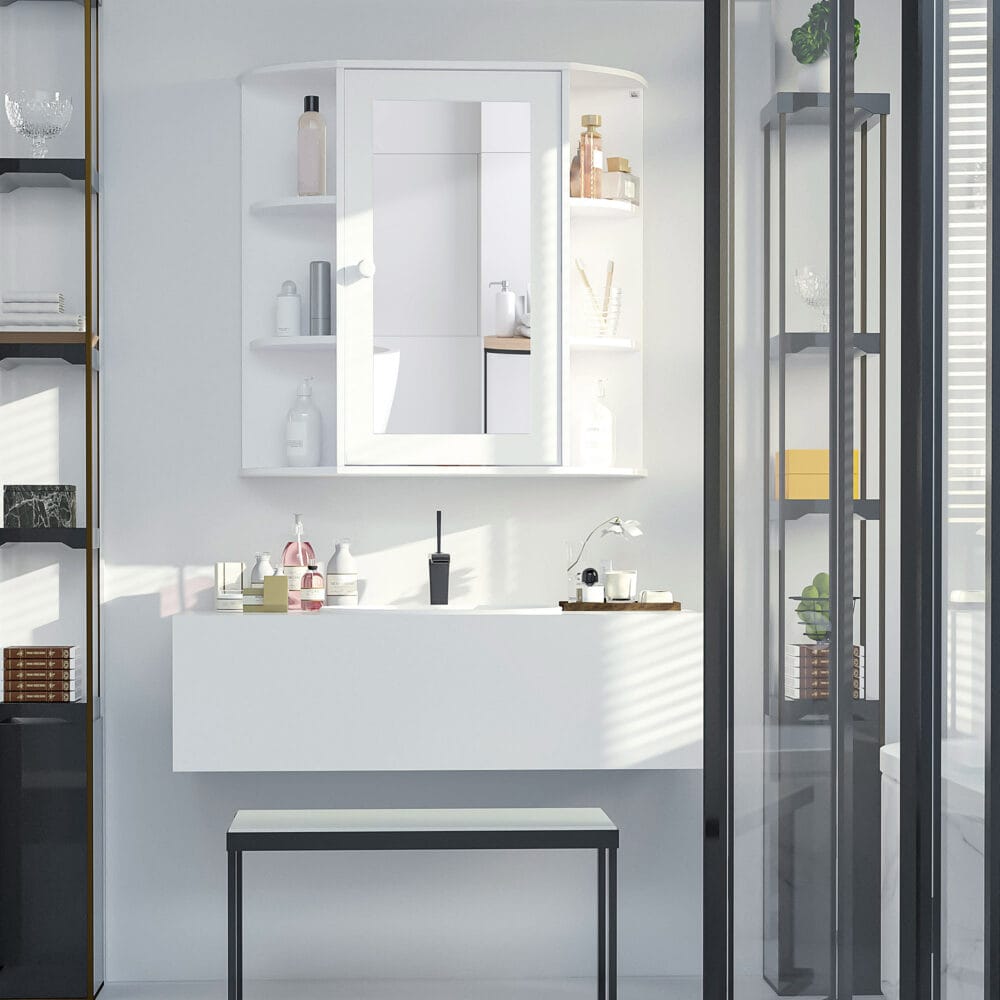 Weisser Spiegelschrank als Hängeschrank für das Bad 66x17x63cm mit 8 Fächern