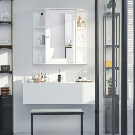 Weisser Spiegelschrank als Hängeschrank für das Bad 66x17x63cm mit 8 Fächern