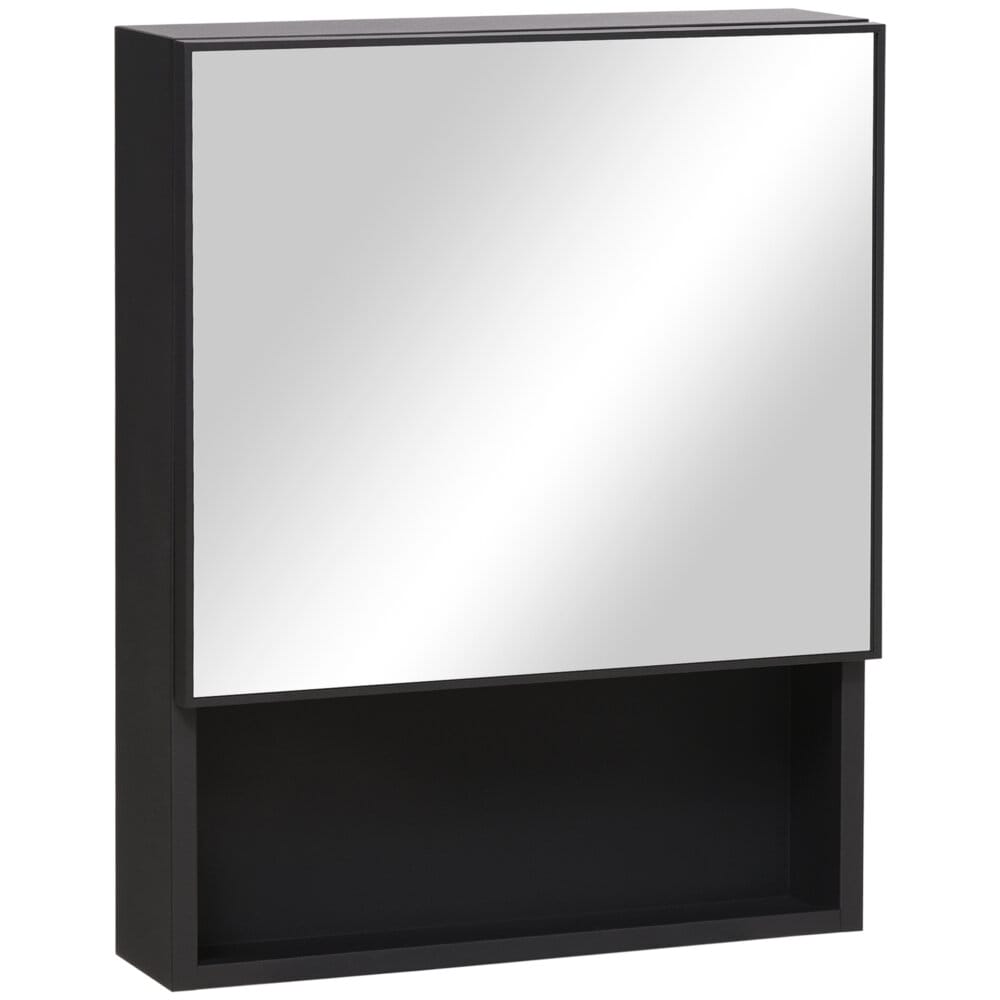 Ein moderner Spiegelschrank aus schwarzem Edelstahl mit einem Glasregal.