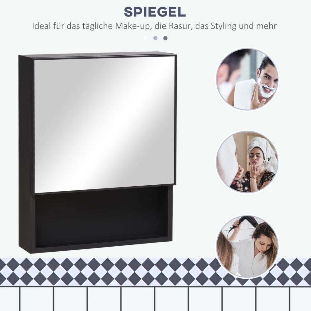 Ein moderner Spiegelschrank aus schwarzem Edelstahl mit einem Glasregal.