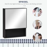Ein moderner Spiegelschrank aus schwarzem Edelstahl mit einem Glasregal.
