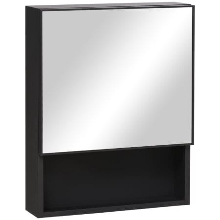 Ein moderner Spiegelschrank aus schwarzem Edelstahl mit einem Glasregal.