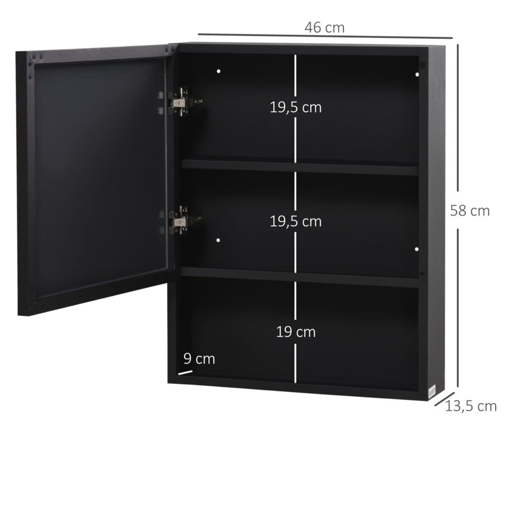 Ein moderner Spiegelschrank aus schwarzem Edelstahl mit einem Glasregal.