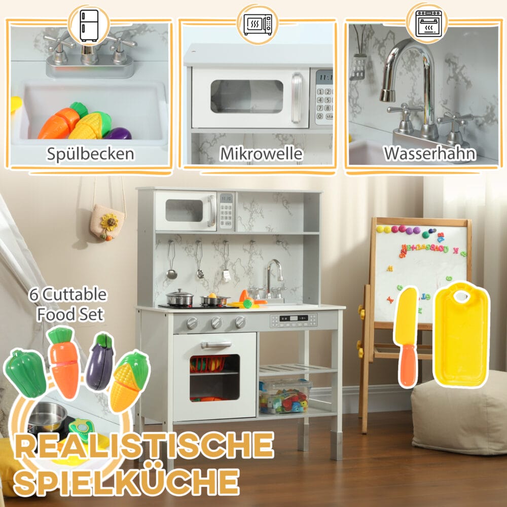Weisse, höhenverstellbare Spielküche mit Elektroherd, ideal für Kinder von 3-8 Jahren. Sie passt sich der Grösse des Kindes an und wächst mit ihm mit.