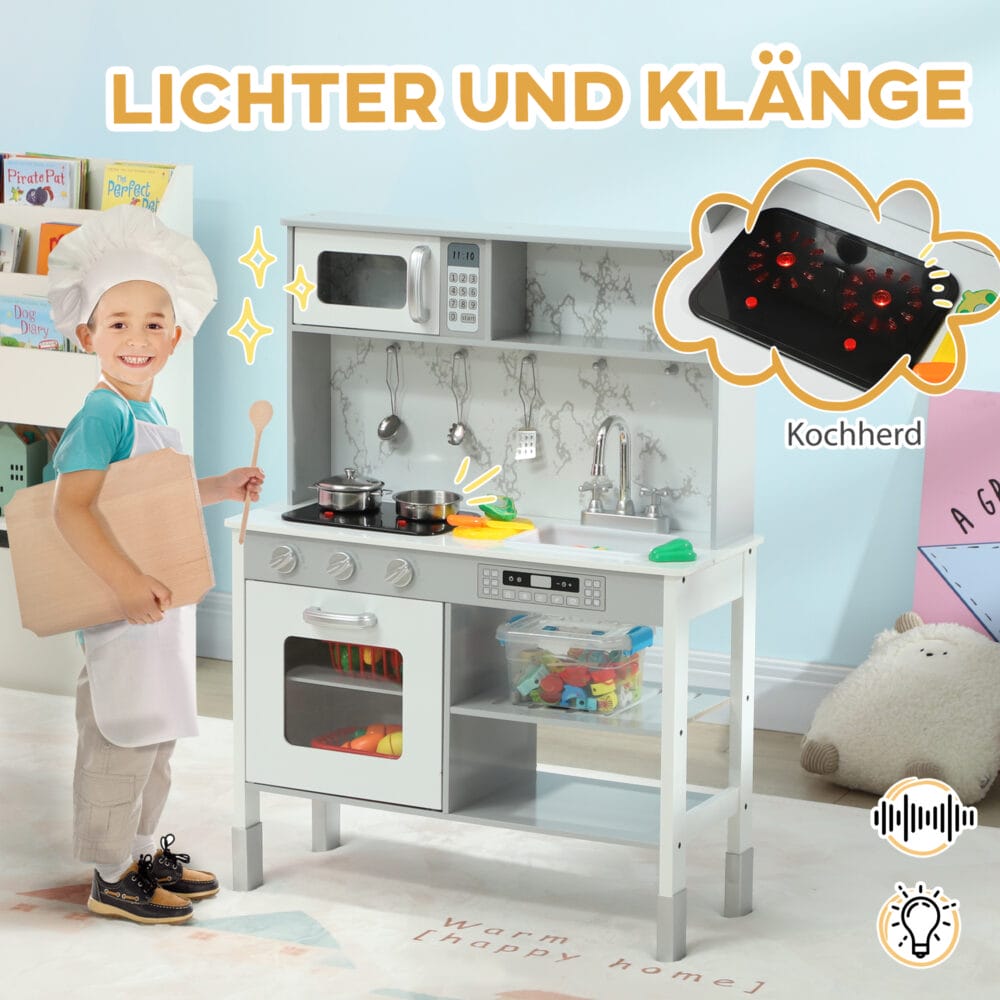 Weisse, höhenverstellbare Spielküche mit Elektroherd, ideal für Kinder von 3-8 Jahren. Sie passt sich der Grösse des Kindes an und wächst mit ihm mit.