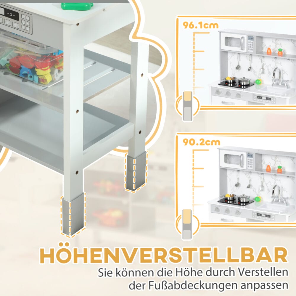 Weisse, höhenverstellbare Spielküche mit Elektroherd, ideal für Kinder von 3-8 Jahren. Sie passt sich der Grösse des Kindes an und wächst mit ihm mit.