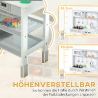 Weisse, höhenverstellbare Spielküche mit Elektroherd, ideal für Kinder von 3-8 Jahren. Sie passt sich der Grösse des Kindes an und wächst mit ihm mit.